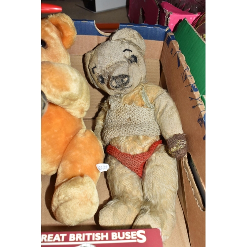 452 - A QUANTITY OF MISCELLANEOUS TOYS, to include distressed vintage golden plush teddy bear, vintage sof... 