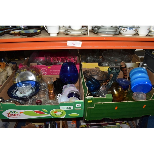 453 - FOUR BOXES OF MIXED GLASSWARE to include six amber 'Verco' tea cups, four blue art deco style desser... 