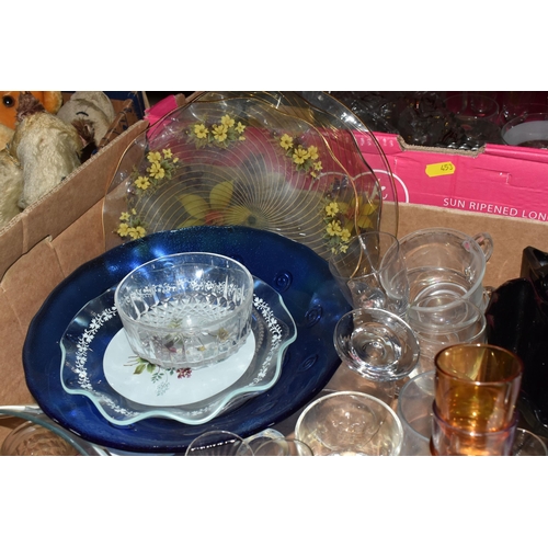 453 - FOUR BOXES OF MIXED GLASSWARE to include six amber 'Verco' tea cups, four blue art deco style desser... 