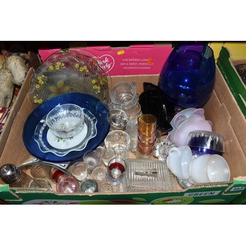 453 - FOUR BOXES OF MIXED GLASSWARE to include six amber 'Verco' tea cups, four blue art deco style desser... 