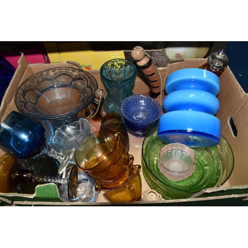 453 - FOUR BOXES OF MIXED GLASSWARE to include six amber 'Verco' tea cups, four blue art deco style desser... 