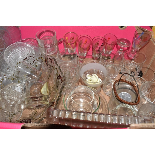 453 - FOUR BOXES OF MIXED GLASSWARE to include six amber 'Verco' tea cups, four blue art deco style desser... 