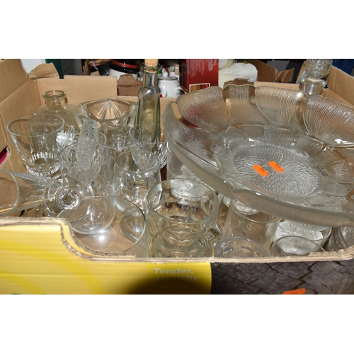 453 - FOUR BOXES OF MIXED GLASSWARE to include six amber 'Verco' tea cups, four blue art deco style desser... 