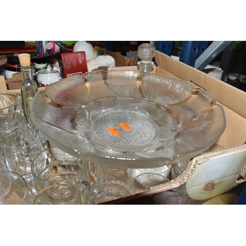 453 - FOUR BOXES OF MIXED GLASSWARE to include six amber 'Verco' tea cups, four blue art deco style desser... 