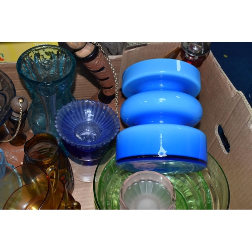 453 - FOUR BOXES OF MIXED GLASSWARE to include six amber 'Verco' tea cups, four blue art deco style desser... 