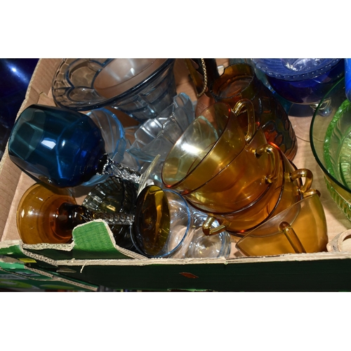 453 - FOUR BOXES OF MIXED GLASSWARE to include six amber 'Verco' tea cups, four blue art deco style desser... 