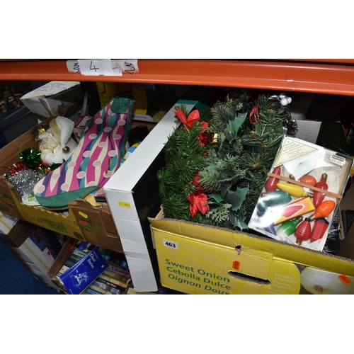 463 - TWO BOXES AND LOOSE CHRISTMAS DECORATIONS AND ORNAMENTS to include two boxed artificial trees to inc... 