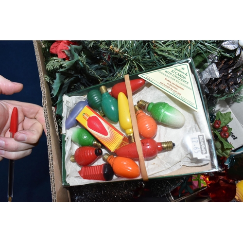 463 - TWO BOXES AND LOOSE CHRISTMAS DECORATIONS AND ORNAMENTS to include two boxed artificial trees to inc... 