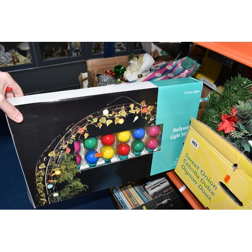 463 - TWO BOXES AND LOOSE CHRISTMAS DECORATIONS AND ORNAMENTS to include two boxed artificial trees to inc... 