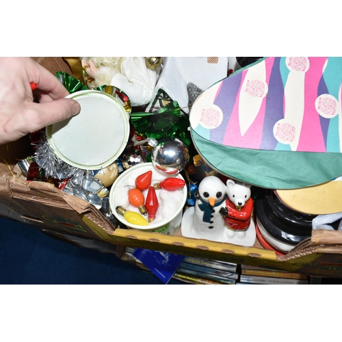 463 - TWO BOXES AND LOOSE CHRISTMAS DECORATIONS AND ORNAMENTS to include two boxed artificial trees to inc... 