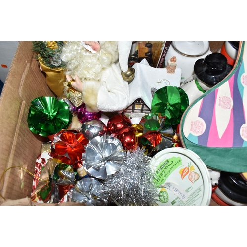 463 - TWO BOXES AND LOOSE CHRISTMAS DECORATIONS AND ORNAMENTS to include two boxed artificial trees to inc... 