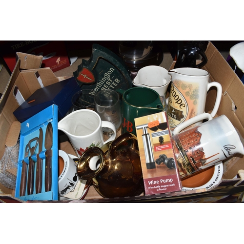 464 - ONE BOX AND LOOSE BREWERIANA comprising four ceramic advertising jugs comprising two Wade Bass jugs,... 