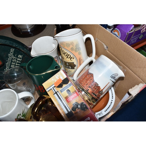 464 - ONE BOX AND LOOSE BREWERIANA comprising four ceramic advertising jugs comprising two Wade Bass jugs,... 