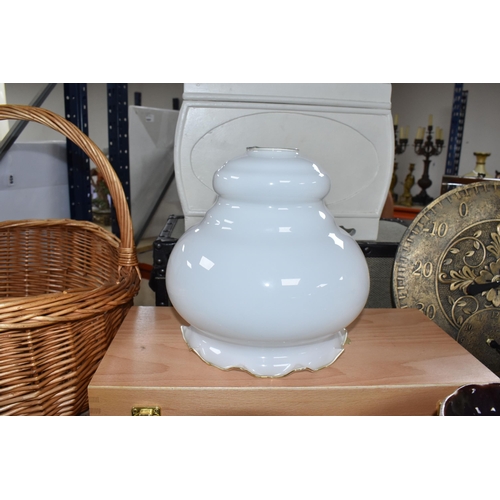 466 - A QUANTITY OF TABLE LAMPS, WALL CLOCK, STORAGE BOXES, GLOBE AND OTHER LARGE HOME WARES, to include t... 