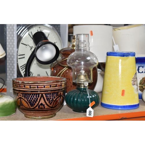 466 - A QUANTITY OF TABLE LAMPS, WALL CLOCK, STORAGE BOXES, GLOBE AND OTHER LARGE HOME WARES, to include t... 