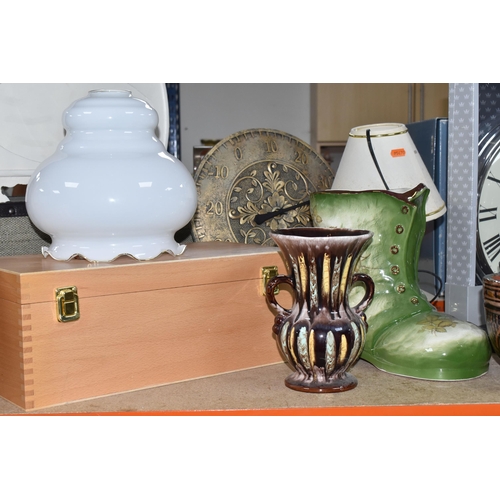 466 - A QUANTITY OF TABLE LAMPS, WALL CLOCK, STORAGE BOXES, GLOBE AND OTHER LARGE HOME WARES, to include t... 