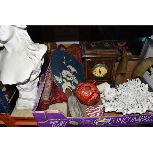 470 - A BOX AND LOOSE SUNDRY ITEMS, to include a framed Henry Napartuk (Canada 1932 - 1985) wood block pri... 