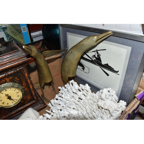 470 - A BOX AND LOOSE SUNDRY ITEMS, to include a framed Henry Napartuk (Canada 1932 - 1985) wood block pri... 