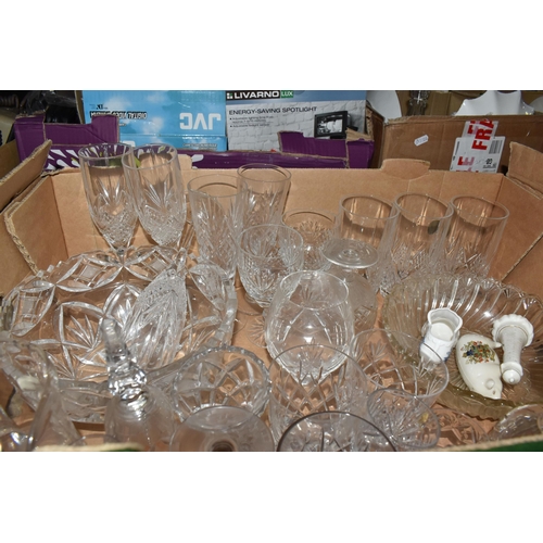 471 - FIVE BOXES AND LOOSE CERAMICS, GLASS AND METAL WARE, to include a Royal Selangor pewter candleholder... 