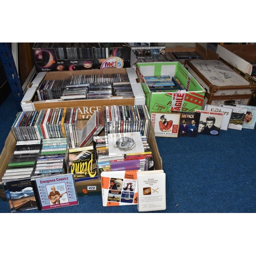 472 - SIX BOXES AND LOOSE CDS, CASSETTE TAPES, DVDS AND VHS TAPES, to include approximately one hundred an... 
