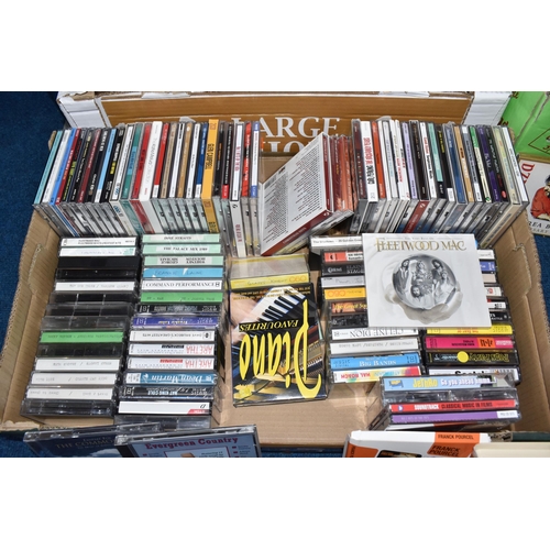 472 - SIX BOXES AND LOOSE CDS, CASSETTE TAPES, DVDS AND VHS TAPES, to include approximately one hundred an... 
