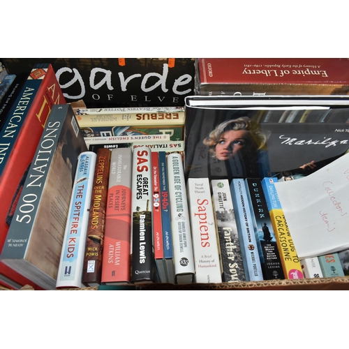 473 - SIX BOXES OF BOOKS, to include approximately one hundred titles in paperback and hardback formats, s... 