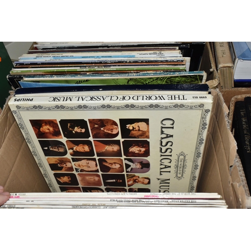 521 - THREE BOXES OF LPS AND R.P.M, to include classical, Jazz, pop, rock, blues, easy listening etc. appr... 