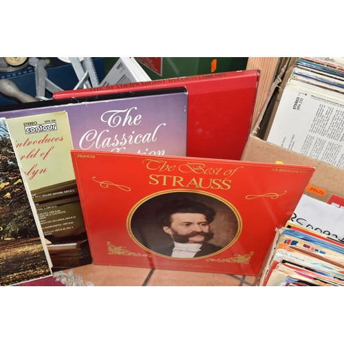 521 - THREE BOXES OF LPS AND R.P.M, to include classical, Jazz, pop, rock, blues, easy listening etc. appr... 