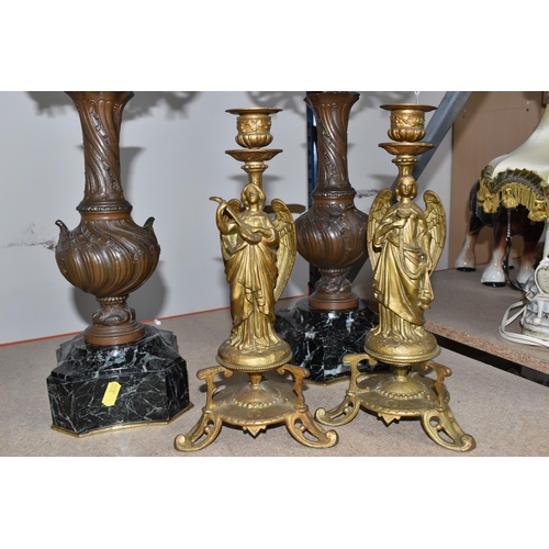 380 - A PAIR OF FRENCH CANDELABRAS ON BLACK MARBLE WEIGHTED BASES WITH TWO FIGURATIVE ORMOLU CANDLE STICKS... 