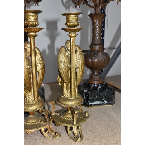 380 - A PAIR OF FRENCH CANDELABRAS ON BLACK MARBLE WEIGHTED BASES WITH TWO FIGURATIVE ORMOLU CANDLE STICKS... 