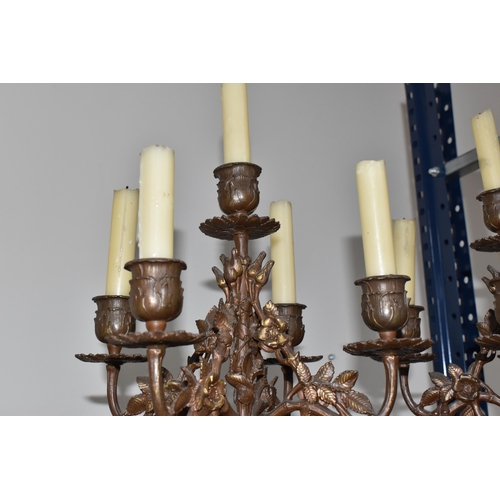 380 - A PAIR OF FRENCH CANDELABRAS ON BLACK MARBLE WEIGHTED BASES WITH TWO FIGURATIVE ORMOLU CANDLE STICKS... 