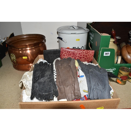 387 - TWO BOXES AND LOOSE MISCELLANEOUS ITEMS to include a box of vintage scarves, women's gloves, and lac... 