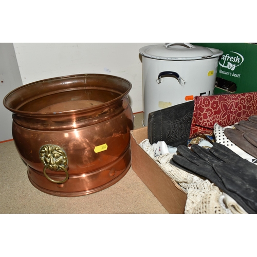 387 - TWO BOXES AND LOOSE MISCELLANEOUS ITEMS to include a box of vintage scarves, women's gloves, and lac... 