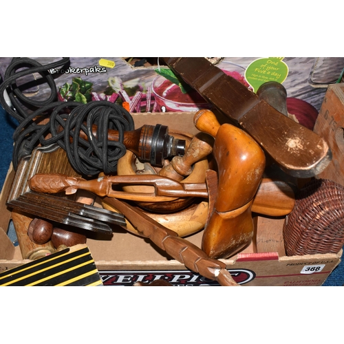 388 - THREE BOXES AND LOOSE MISCELLANEOUS ITEMS AND TREEN to include a vintage dressmakers dummy, approxim... 