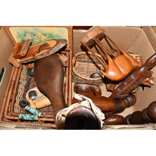 388 - THREE BOXES AND LOOSE MISCELLANEOUS ITEMS AND TREEN to include a vintage dressmakers dummy, approxim... 