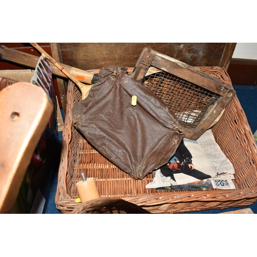 388 - THREE BOXES AND LOOSE MISCELLANEOUS ITEMS AND TREEN to include a vintage dressmakers dummy, approxim... 