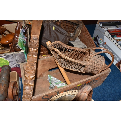 388 - THREE BOXES AND LOOSE MISCELLANEOUS ITEMS AND TREEN to include a vintage dressmakers dummy, approxim... 