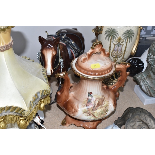 390 - A GROUP OF DECORATIVE ORNEMENTS AND LAMPS, to include a vintage table lamp made in GDR 1859 marked o... 