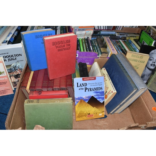 398 - FIVE BOXES OF BOOKS, subject include, antiquarian books, a Biggles first edition 'second case', gard... 