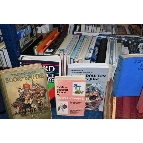 398 - FIVE BOXES OF BOOKS, subject include, antiquarian books, a Biggles first edition 'second case', gard... 