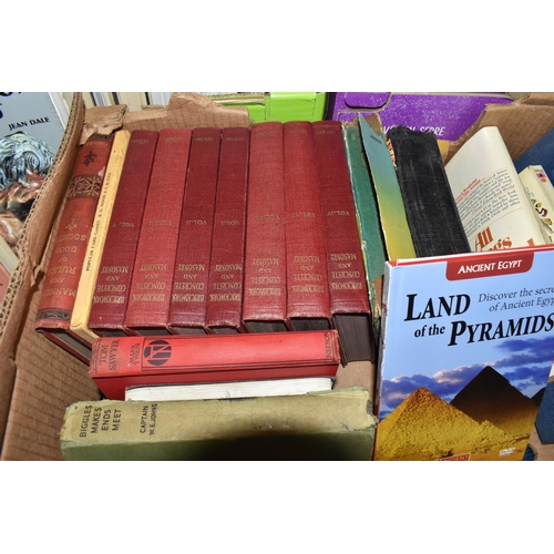 398 - FIVE BOXES OF BOOKS, subject include, antiquarian books, a Biggles first edition 'second case', gard... 