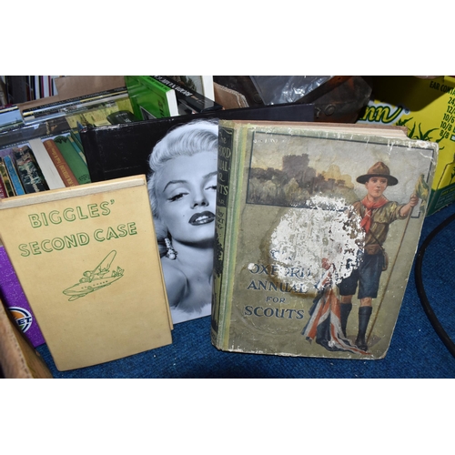 398 - FIVE BOXES OF BOOKS, subject include, antiquarian books, a Biggles first edition 'second case', gard... 