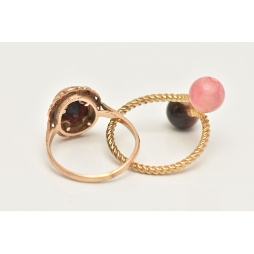 46 - TWO GEM SET RINGS, the first a 9ct rope twist ring set with a polished tiger eye ball terminal and r... 