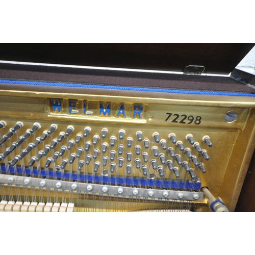 1201 - A WELMAR MAHOGANY UPRIGHT OVERSTRUNG PIANO, the hinged lid enclosing the gold painted cast iron fram... 