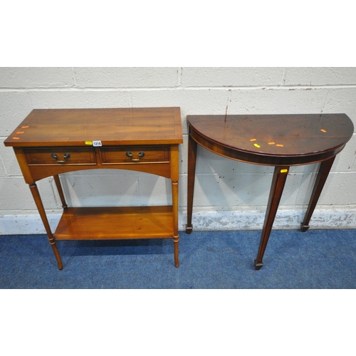 1218 - POSSIBLY BRADLEY, A YEW WOOD SIDE TABLE, with two frieze drawer, raised on cylindrical tapered legs,... 