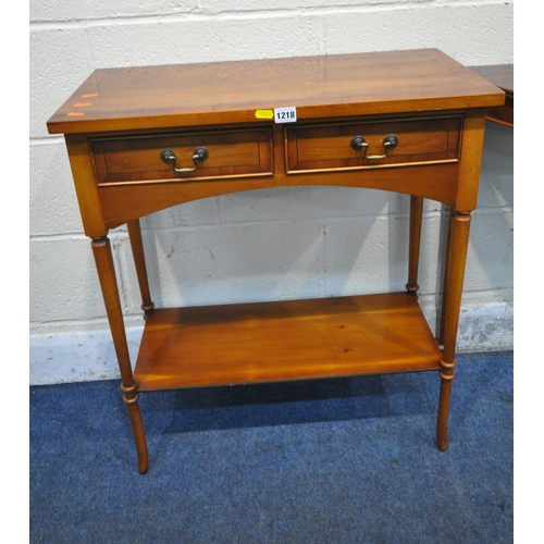 1218 - POSSIBLY BRADLEY, A YEW WOOD SIDE TABLE, with two frieze drawer, raised on cylindrical tapered legs,... 