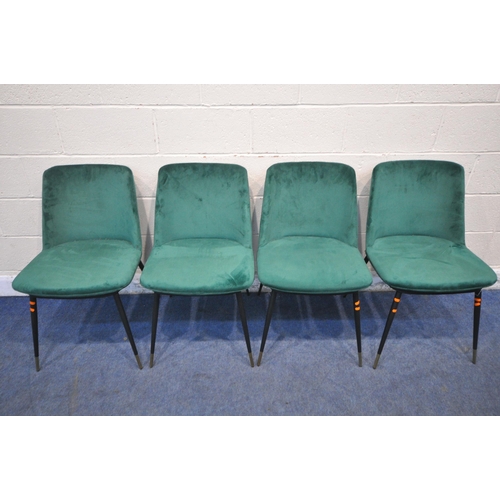 1225 - A SET OF FOUR MODERN EMERALD GREEN PLUSH VELVET UPHOLSTERED CHAIRS, raised on four splayed legs (con... 