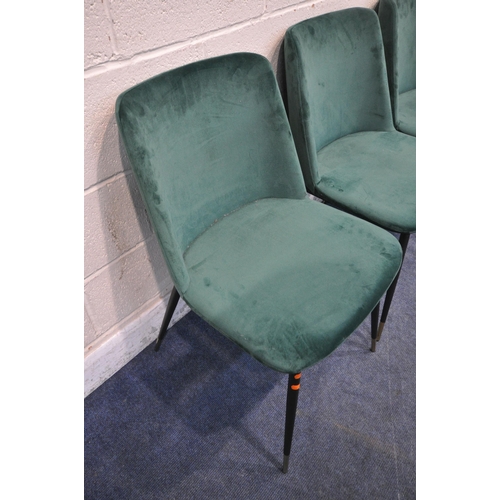 1225 - A SET OF FOUR MODERN EMERALD GREEN PLUSH VELVET UPHOLSTERED CHAIRS, raised on four splayed legs (con... 