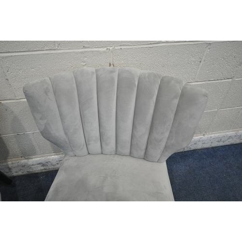 1231 - A PAIR OF LIGHT GREY PLUSH VELVET UPHOLSTERED CHAIRS, with shaped backrests, raised on cylindrical t... 