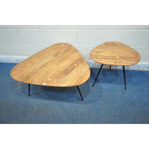 1237 - A TRIANGULAR HARDWOOD COFFEE TABLE, raised on tapered legs, diameter 84cm x height 43cm, along with ... 